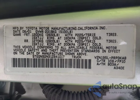 2001 Toyota Tacoma Prerunner V6 из США, поврежденный, VIN 5TEGN92N31Z841017